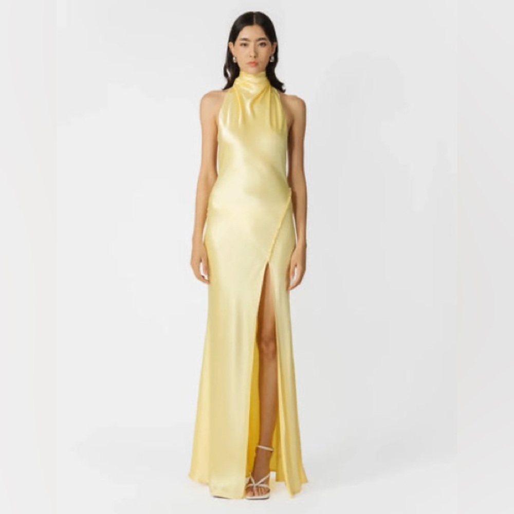 SAU LEE Penelope High-Neck Open-Back Satin Maxi Dress Yellow Halter Sz 6 595$ - Picture 4 of 16